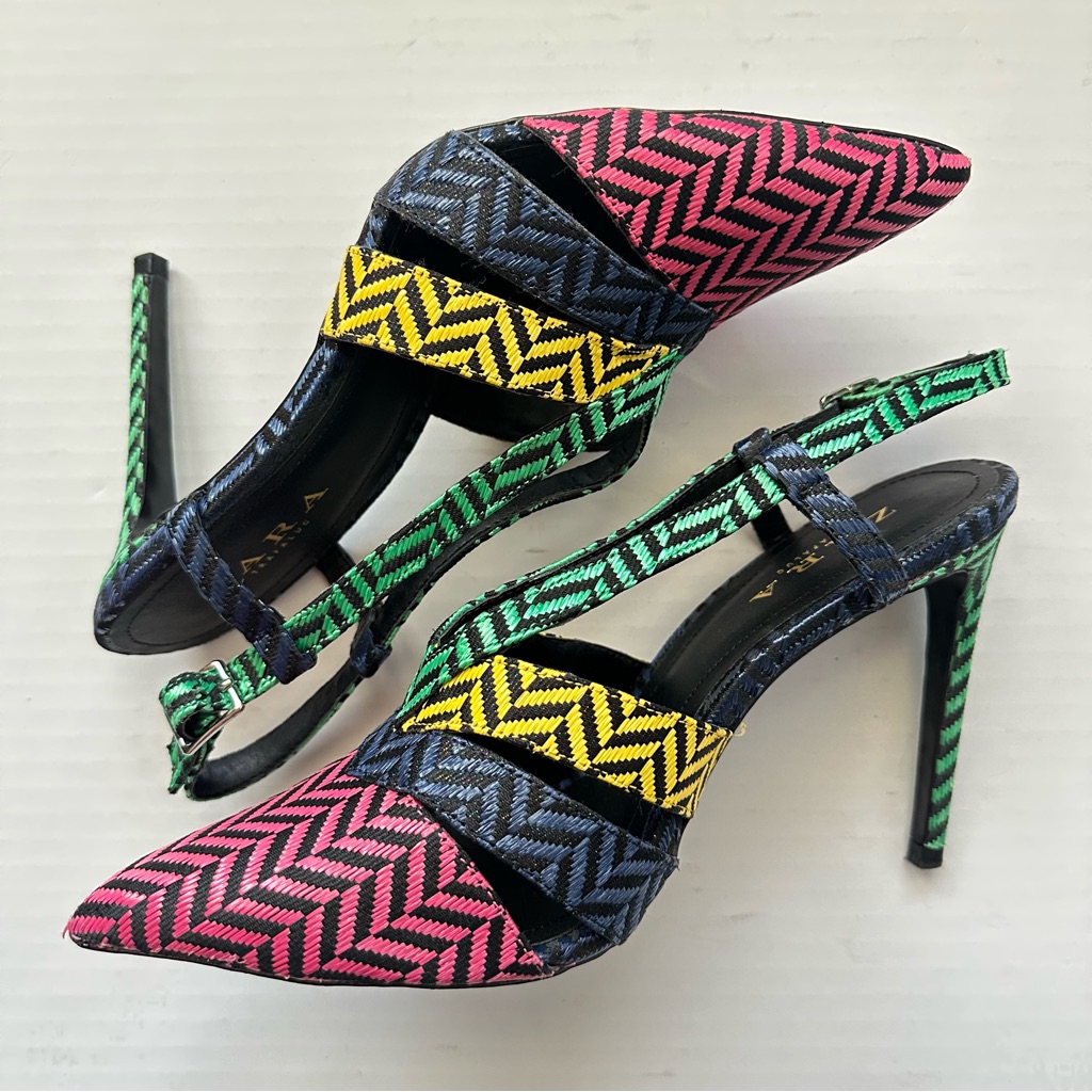 Zara Herringbone Pink Blue Green Yellow Multicolor Woven Slingback Heels Size 10